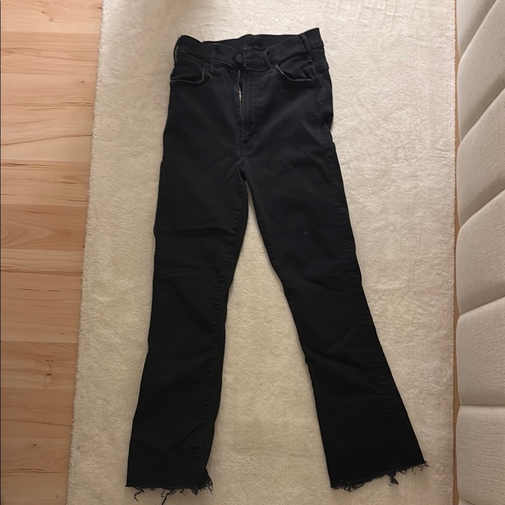MOTHER Black Straight Leg Jeans with Frayed Hem
